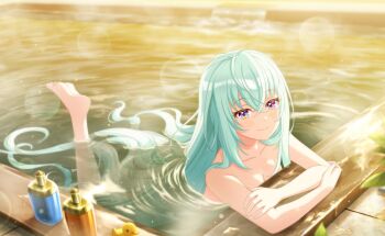 1girl barefoot bath bathing blue_eyes blue_hair breasts closed_mouth collarbone commentary_request crossed_arms game_cg hair_between_eyes heterochromia highres lilja_kurtbay long_hair looking_at_viewer nude official_art partially_submerged purple_eyes rubber_duck smile solo steam third-party_source towel very_long_hair water world_dai_star yellow_eyes