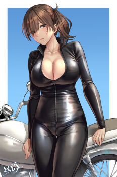 1girl absurdres alternate_costume biker_clothes bikesuit black_bodysuit blue_background bodysuit border breasts brown_eyes brown_hair cleavage commentary_request hair_between_eyes hair_over_one_eye highres kaga_(kancolle) kantai_collection kokuzou large_breasts long_hair looking_at_viewer motor_vehicle motorcycle partially_unzipped side_ponytail signature solo white_border