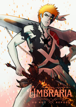 Rule 34 | 1boy, artist name, black skin, bleach, bleach: sennen kessen-hen, brown eyes, colored skin, commentary, commission, devil may cry (series), dual wielding, embers, heterochromia, highres, holding, holding sword, holding weapon, horn of salvation, kurosaki ichigo, male focus, multicolored skin, orange hair, pale skin, serious, single shoulder pad, solo, sword, torn clothes, true zangetsu (shikai), two-tone skin, umbra (edits umbra), watermark, weapon, yellow eyes