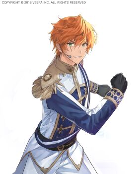 1boy black_gloves blue_sash blue_shirt commentary_request cowboy_shot epaulettes fringe_trim gloves gold_trim green_eyes highres idol idol_clothes jaeyun king&#039;s_raid long_sleeves microphone official_alternate_costume official_art orange_hair pants roi_(king&#039;s_raid) sash scar scar_across_eye scar_on_face shirt short_hair shoulder_sash smile solo striped_sash white_pants white_sash white_shirt