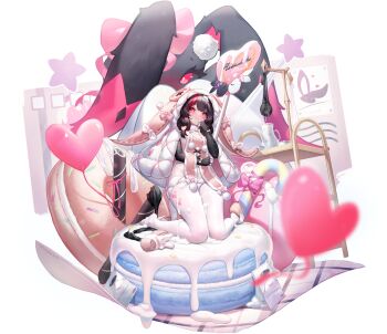 Rule 34 | 1girl, animal hood, artist request, balloon, black gloves, black hair, bow, buttons, candy, candy cane, character request, closed mouth, cream on clothes, daiblos core, donut, elbow gloves, food, gloves, heart, heart balloon, heart in eye, highres, hood, kneeling, multicolored gloves, multicolored hair, pantyhose, pink bow, pink ribbon, pom pom (clothes), rabbit hood, red bow, red hair, ribbon, sandals, shoes, single shoe, solo, star (symbol), streaked hair, symbol in eye, teapot, two-tone gloves, unworn sandals, white bow, white gloves, white pantyhose