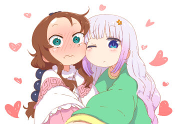 :&lt; =_= alternate_hairstyle beads blunt_bangs blush brown_hair cape cheek-to-cheek commentary_request cosplay costume_switch flower forehead full-face_blush fur_collar green_shirt hair_beads hair_flower hair_ornament hairstyle_switch heads_together heart heart_background highres kanna_kamui kobayashi-san_chi_no_maidragon light_purple_hair long_sleeves looking_at_viewer low_twintails one_eye_closed pink_cape saikawa_riko samansa_ex shirt sphere_hair_ornament twintails wavy_mouth white_background