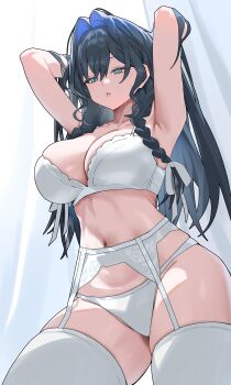 1girl absurdres arm_behind_head armpits arms_up black_hair blue_eyes blue_hair bra braid braided_sidelock breasts bright_pupils cleavage colored_inner_hair commentary english_commentary garter_straps hair_between_eyes hair_intakes hair_lift highres hololive hololive_english large_breasts long_hair looking_at_viewer multicolored_hair navel ouro_kronii panties parted_lips solo thighhighs thighs twin_braids underwear virtual_youtuber white_background white_bra white_panties white_pupils white_thighhighs yulmu98999