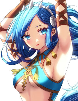 1girl arm_wrap arms_up blue_eyes blue_hair breasts commentary_request dana_iclucia hair_rings hairband highres long_hair open_mouth parted_bangs ribbon simple_background small_breasts spiked_hairband spikes tiara underboob very_long_hair white_ribbon white_tiara yozu_(yozu0420) ys ys_viii:_lacrimosa_of_dana