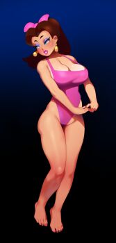 Rule 34 | 1girl, absurdres, barefoot, blue eyes, breasts, brown hair, candy kong, candy kong (cosplay), combos &amp; doodles, cosplay, donkey kong (1981 game), donkey kong (series), donkey kong country, earrings, eyeshadow, feet, gradient background, hat, highres, jewelry, large breasts, leotard, lipstick, long hair, makeup, mario (series), nintendo, pauline (mario), pink lips, pink nails, solo, thighs, toes