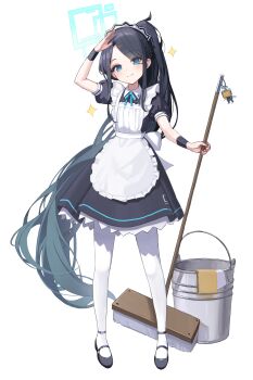 1girl absurdly_long_hair absurdres apron aris_(blue_archive) aris_(maid)_(blue_archive) black_dress black_hair black_shoes blue_archive blue_eyes blush borrowed_clothes bucket closed_mouth dress frilled_apron frills full_body hallo_(rltkdydrltk) halo highres holding holding_mop korean_commentary long_hair looking_at_viewer maid maid_apron maid_headdress mop official_alternate_costume pantyhose parted_bangs ponytail puffy_short_sleeves puffy_sleeves shoes short_sleeves simple_background smile solo sparkle standing very_long_hair white_apron white_background white_pantyhose