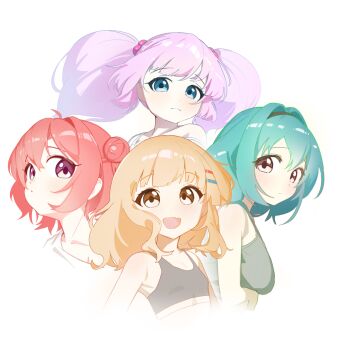 :d ahoge akaza_akari alternate_eye_color alternate_hair_color bare_shoulders blonde_hair bloom blue_eyes breasts camisole child collarbone fang flat_chest furutani_himawari green_hair hair_bobbles hair_bun hair_intakes hair_ornament hairclip highres keibi_inu light_blush light_smile looking_at_viewer medium_breasts medium_hair oomuro_sakurako open_mouth parallel_hairclips parted_lips pink_hair purple_eyes red_hair shirt short_hair simple_background single_off_shoulder skin_fang smile sports_bra twintails upper_body white_background white_shirt yellow_eyes yoshikawa_chinatsu yuruyuri