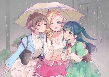 Rule 34 | 3girls, ;d, ^ ^, absurdres, blue jacket, blunt bangs, blush, breasts, brown eyes, cleavage cutout, closed eyes, clothing cutout, collarbone, commentary request, cowboy shot, crop top, cropped shirt, frilled skirt, frills, green hair, harumiya yukuri, highres, holding, holding umbrella, ikizulive! love live! bluebird, jacket, konohana aurora, long sleeves, looking at another, love live!, medium breasts, midriff, miniskirt, multiple girls, navel, official art, one eye closed, open clothes, open jacket, open mouth, parted lips, pink skirt, pleated skirt, purple eyes, ribbed sweater, shared umbrella, sidelocks, skirt, smile, sweater, turtleneck, turtleneck sweater, two side up, umbrella, white skirt, white sweater, white umbrella, yamada midori