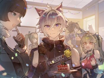 +_+ 2boys 4girls ahoge android animal_ear_fluff animal_ears bare_shoulders black_gloves black_hair blonde_hair blue_eyes blue_jacket breasts cake cake_slice cat_boy cat_ears chalky_(zenless_zone_zero) cissia_(zenless_zone_zero) closed_eyes closed_mouth collar commentary_request crossed_bangs detached_sleeves eating fingerless_gloves food food_on_face fork gloves green_eyes green_hair green_necktie hair_between_eyes hair_ornament hairband hand_on_own_head highres holding holding_fork holding_plate indoors jacket jane_doe_(zenless_zone_zero) large_breasts long_hair looking_at_viewer metal_hairband metal_wrist_cuffs milk_(ohota_ye1) mouse_ears mouse_girl multicolored_hair multiple_boys multiple_girls necktie one_eye_closed open_mouth plate police police_badge police_uniform policeman policewoman pom_pom_(clothes) pom_pom_hair_ornament ponytail purple_eyes qingyi_(zenless_zone_zero) red_eyes red_hair red_nails red_streaks seth_lowell severian_lowell short_hair snake snake_girl streaked_hair twintails white_hair white_snake zenless_zone_zero zhu_yuan