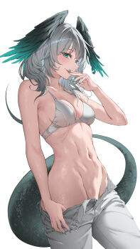 1girl absurdres arknights black_wings bra breasts clothes_pull denim dlnk green_eyes green_nails green_wings grey_bra grey_hair groin head_wings highres hip_bones ho'olheyak_(arknights) jeans looking_at_viewer medium_breasts medium_hair nail_polish navel pants pants_pull pulling_own_clothes simple_background smile snake_tail solo tail underwear white_background wings zipper