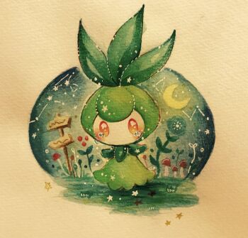 blue_flower commentary_request constellation crescent_moon flower full_body gen_5_pokemon moon mushroom nintendo no_humans no_mouth no_nose orange_eyes painting_(medium) paper_texture petilil pokemon pokemon_(creature) sign solo tears traditional_media watercolor_(medium) yukichi_0611