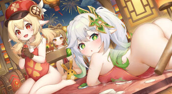 3girls absurdres ass barefoot blonde_hair blush bottomless braid breasts brown_eyes brown_gloves brown_hair elf feathers feet female_focus fireworks genshin_impact gloves green_eyes hair_ornament hat hat_feather highres hongshi_(13234456009) klee_(genshin_impact) loli long_hair looking_at_viewer looking_back lying multiple_girls nahida_(genshin_impact) on_stomach open_mouth pointy_ears red_eyes red_headwear red_shirt shirt side_ponytail sitting sleeveless small_breasts smile thighs toes twintails white_hair yaoyao_(genshin_impact) yuegui_(genshin_impact)