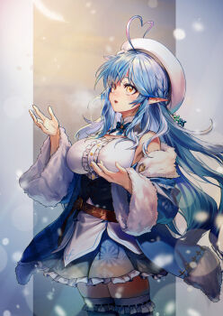 Rule 34 | 1girl, ahoge, bare shoulders, blue coat, blue hair, blush, braid, breasts, cleavage cutout, clothing cutout, coat, colored tips, commentary request, corset, elf, flower, frilled skirt, frills, fur trim, hair between eyes, hair flower, hair ornament, hat, heart, heart ahoge, highres, hololive, large breasts, long hair, long sleeves, looking up, multicolored hair, off shoulder, open mouth, pointy ears, ribbon, ryuutetsu, side braid, skirt, smile, snowflake print, solo, thick thighs, thighhighs, thighs, very long hair, virtual youtuber, white flower, white hat, white skirt, yellow eyes, yukihana lamy, yukihana lamy (1st costume), zettai ryouiki