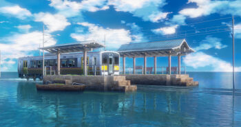 3d absurdres bench blue_sky boat chinese_commentary cloud commentary_request donghai_xian_yuwang highres landscape no_humans ocean original railroad_tracks reflection reflective_water scenery sky train train_station utility_pole water watercraft
