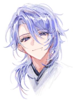 1boy blue_eyes blue_hair closed_mouth commentary_request cropped_shoulders genshin_impact hair_between_eyes japanese_clothes kamisato_ayato kimono long_hair looking_at_viewer male_focus medium_hair mole mole_under_mouth portrait purple_eyes simple_background smile solo swept_bangs tyoookozuki white_background white_kimono