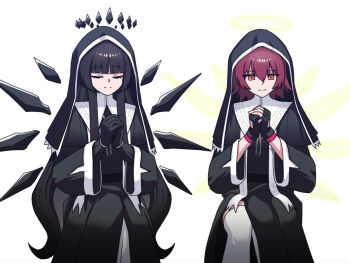 2girls arknights black_gloves black_hair blunt_bangs commentary_request exusiai_(arknights) fingerless_gloves gloves halo lava_sheny long_hair multiple_girls nun nun_headdress orange_eyes praying red_hair thighhighs virtuosa_(arknights) white_thighhighs wide_sleeves
