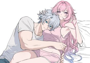 1boy 1girl aqua_hair blue_eyes breasts camisole couple cuddling cyrene_(honkai:_star_rail) cyrene_(ripples_of_past_reverie)_(honkai:_star_rail) diamond-shaped_pupils diamond_(shape) dolphin_shorts gradient_hair groin hashtag-only_commentary head_rest hetero highres honkai:_star_rail honkai_(series) ilsijeongj2213 large_breasts long_hair multicolored_hair phainon_(honkai:_star_rail) pink_camisole pink_hair pink_shirt pointy_ears purple_eyes shirt shorts smile symbol-shaped_pupils two-tone_hair very_long_hair white_shirt