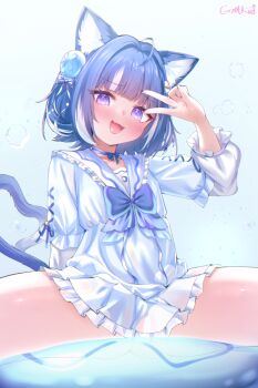 1girl animal_ears bad_link blue_hair cat_ears cat_girl cat_tail fang gmkj highres indie_virtual_youtuber kurageu_roa purple_eyes solo spread_legs tail variant_set