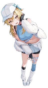 1girl alternate_costume asymmetrical_legwear baseball_cap bike_shorts black_gloves black_shorts black_socks blonde_hair blue_shirt blue_thighhighs breasts chobonu commentary_request cropped_shirt fingerless_gloves full_body genshin_impact gloves hat highres jacket kneehighs leaning_forward leg_warmers looking_at_viewer lumine_(genshin_impact) medium_breasts midriff mismatched_legwear navel off_shoulder open_mouth pleated_skirt shirt shoes short_hair_with_long_locks shorts shorts_under_skirt sidelocks simple_background single_thighhigh skirt sleeveless sleeveless_shirt socks solo standing thighhighs white_background white_hat white_jacket white_leg_warmers white_shoes white_skirt yellow_eyes
