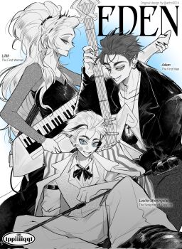 Rule 34 | 1girl, 2boys, adam (hazbin hotel), black dress, black hair, demon girl, dress, electric guitar, greyscale with colored background, guitar, hair slicked back, hazbin hotel, hellaverse, highres, instrument, lilith (hazbin hotel), long hair, looking at viewer, lucifer morningstar (hazbin hotel), microphone, microphone stand, multiple boys, ponytail, sitting, tppiiiiqqt