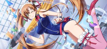 1girl 2boys artist_request bare_shoulders blue_one-piece_swimsuit blurry blush bokeh bow bowtie breasts closed_mouth code_geass code_geass:_lost_stories confetti covered_navel cup depth_of_field detached_collar drink drinking_glass drinking_straw dutch_angle female_focus frilled_thighhighs frilled_wristband frills game_cg green_eyes hair_ribbon hand_up happy high_heels highres holding holding_drink holding_tray indoors leg_up legs light_blush long_hair looking_at_viewer maid_headdress medium_breasts multiple_boys non-web_source official_art one-piece_swimsuit one_eye_closed orange_hair pink_thighhighs raised_eyebrows red_bow red_bowtie red_footwear red_ribbon ribbon shirley_fenette shoes sidelocks skin_tight smile solo_focus sparkle standing standing_on_one_leg string_of_flags swimsuit thighhighs thighs tray twintails waitress wink