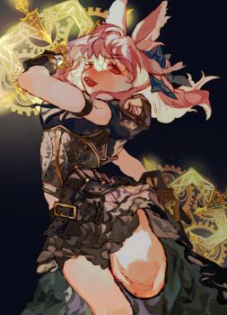 1girl animal_ears belt black_background black_belt black_dress black_gloves blue_bow bow commentary_request commission cowboy_shot dress final_fantasy final_fantasy_xiv gears gloves hair_bow highres long_hair looking_at_viewer open_mouth pink_eyes pink_hair rabbit_ears rabbit_girl shinjitsu_no_kuchi skeb_commission smile solo viera warrior_of_light_(ff14)