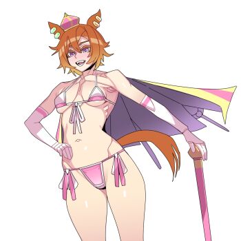 1girl :d animal_ears armpits bikini bium breasts cane cape crown elbow_gloves gloves hand_on_own_hip highres holding holding_cane horse_ears horse_girl horse_tail looking_at_viewer medium_breasts micro_bikini navel open_mouth orange_hair pink_eyes short_hair simple_background smile solo stomach swimsuit t.m._opera_o_(umamusume) tail umamusume white_background white_gloves