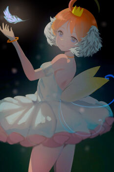 1girl absurdres ahiru_(princess_tutu) ahoge ballerina bare_shoulders blue_eyes bracelet commentary cowboy_shot crown enju_clerith feathers highres jewelry looking_at_object magical_girl mini_crown orange_hair princess_tutu princess_tutu_(character) solo tutu white_feathers white_hair