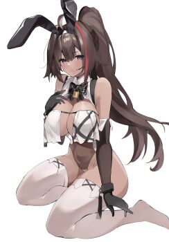 1girl ahoge animal_ears bare_shoulders bay_(nikke) bay_(radiant_rabbit)_(nikke) black_bow black_gloves bow breast_curtains breasts brown_hair cleavage covered_navel dark-skinned_female dark_skin double-parted_bangs elbow_gloves fake_animal_ears full_body gloves goddess_of_victory:_nikke grey_eyes hair_between_eyes headset high_ponytail highleg highleg_leotard highres large_breasts legs leotard lock long_hair looking_at_viewer mole mole_under_mouth multicolored_hair official_alternate_costume parted_lips playboy_bunny ponytail red_hair seiza shinobutti90wer simple_background sitting solo thighhighs thighs two-tone_hair white_background white_thighhighs