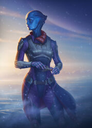 Rule 34 | 1girl, absurdres, alien, asari (mass effect), blue eyes, blue skin, breasts, colored skin, highres, igor avdeev, liara t&#039;soni, looking to the side, mass effect (series), medium breasts, outdoors, solo, standing