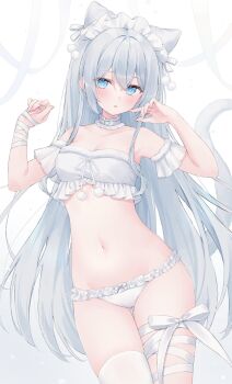 1girl animal_ears armpits bare_shoulders blue_eyes bra breasts cat_ears cat_girl cat_tail choker detached_sleeves extra_ears frilled_panties frills hands_up highres leg_ribbon lingerie long_hair looking_at_viewer navel original panties parted_lips ribbon shano_hiyori single_thighhigh small_breasts solo stomach strapless strapless_bra tail thighhighs thighs underwear underwear_only very_long_hair white_bra white_choker white_hair white_panties white_thighhighs
