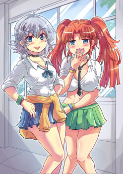 Rule 34 | 2girls, :3, ahoge, alternate costume, alternate hairstyle, black choker, black necktie, blue bow, blue bowtie, blue eyes, blue skirt, blush, bow, bowtie, braid, breasts, choker, clothes around waist, collarbone, collared shirt, colonel aki, commentary request, contemporary, fang, feet out of frame, fingernails, green nails, green skirt, grey hair, gyaru, hair between eyes, hong meiling, izayoi sakuya, large breasts, long fingernails, long hair, looking at viewer, loose bowtie, medium breasts, mesugaki pose, midriff, miniskirt, multiple girls, navel, necktie, open mouth, pink nails, pleated skirt, red hair, school uniform, scrunchie, shirt, short sleeves, skirt, sleeves rolled up, smile, sweater, sweater around waist, thighs, tied shirt, touhou, twintails, white shirt, wrist scrunchie