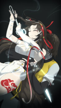 1boy 1girl absurdres armlet bare_shoulders bracelet broken_eyewear brother_and_sister brown_hair brown_tail china_dress chinese_clothes closed_eyes clover clover_hair_ornament commentary covered_navel dark_background dress droopy_ears english_commentary falling glasses hair_ornament hairband hands_on_another&#039;s_stomach highres holding holding_sword holding_weapon jewelry leg_tattoo long_hair metal_bracelet orange_vest parted_lips qingming_sword red_eyes scrapy_(greenyscrapy) siblings silver_armlet silver_bracelet sword tail tattoo vest weapon white_hairband ye_shiyuan ye_shunguang zenless_zone_zero