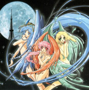1990s_(style) 3girls blonde_hair blue_eyes blue_hair convenient_censoring covering_breasts covering_privates curly_hair eiffel_tower full_moon green_eyes group_picture highres hououji_fuu ishida_atsuko long_hair magic_knight_rayearth moon multiple_girls official_art pink_hair red_eyes retro_artstyle ryuuzaki_umi scan shidou_hikaru third-party_source wings
