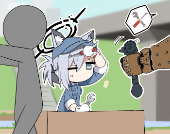 1boy 1girl animal_ear_fluff animal_ears arm_up b.t._(boob_tong) baseball_cap black_choker black_halo blue_archive breast_pocket breath broken broken_halo broken_weapon choker cross cross_hair_ornament crucible_(doom) dark_halo doom_(series) doomguy ears_through_headwear extra_ears gauntlets gloves grey_hair hair_ornament halo hat highres holding holding_screwdriver holding_weapon holding_wrench inverted_cross jumpsuit long_sleeves mechanic military_fatigues military_uniform notice_lines one_eye_closed pocket ponytail rectangular_eyes screwdriver shiroko_terror_(blue_archive) sleeves_rolled_up speech_bubble sweat tools weapon white_gloves wolf_ears wolf_girl wrench