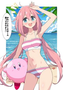 1girl absurdres bare_shoulders beach bikini blue_eyes blue_sky blush breasts cloud cloudy_sky collarbone crossover day eggman_(ni_tamagoex) fingernails heart highres kagamihara_nadeshiko kirby kirby_(series) long_hair looking_at_viewer multicolored_bikini navel nintendo notice_lines ocean open_mouth outdoors palm_tree pink_bikini pink_hair pink_nails revision salute sand sky smile speech_bubble starfish stomach striped_bikini striped_clothes swimsuit thighs translation_request tree two-tone_bikini white_background white_bikini yurucamp