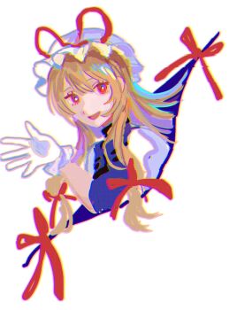 Rule 34 | 1girl, blonde hair, commentary, dress, english commentary, gap (touhou), gloves, hat, highres, long hair, looking at viewer, mixed-language commentary, mob cap, mutsuki (mutuki 99), purple tabard, red eyes, solo, tabard, touhou, white dress, white gloves, white hat, yakumo yukari