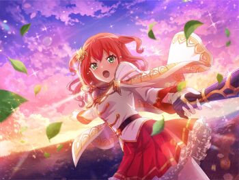 2girls cape falling_leaves frilled_skirt frills game_cg gloves green_eyes hair_ornament holding_hands jacket kobato_ryouko leaf looking_at_viewer multiple_girls official_art open_mouth red_hair red_skirt short_hair shoujo_kageki_revue_starlight shoujo_kageki_revue_starlight_-re_live- skirt solo_focus standing takachiho_stella two_side_up upper_body white_cape white_gloves white_jacket