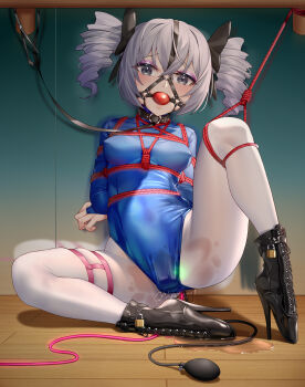 1girl absurdres anal anal_object_insertion arms_behind_back ball_gag ballerina ballet_boots ballet_heels bdsm between_breasts black_footwear black_ribbon blue_eyes blue_leotard blush bondage bound bound_arms bound_breasts bound_legs bound_torso box_tie breasts breasts_apart bronya_zaychik collar covered_erect_nipples dildo dildo_harness double_penetration drill_hair female_focus female_orgasm forced_orgasm full_body gag gag_harness gagged ginklaga grey_hair hair_between_eyes highleg highleg_leotard highres honkai_(series) honkai_impact_3rd indoors leash legs_apart leotard lock looking_at_viewer medium_breasts medium_hair multiple_orgasms neglect_play object_insertion orgasm padlock pantyhose perky_breasts pussy_juice pussy_juice_drip pussy_juice_drip_through_clothes pussy_juice_puddle pussy_juice_stain pussy_juice_trail restrained ribbon sex_toy shibari shibari_over_clothes sitting solo thigh_strap twin_drills vaginal vaginal_object_insertion variant_set vibrator vibrator_cord vibrator_under_clothes white_pantyhose wooden_floor worried