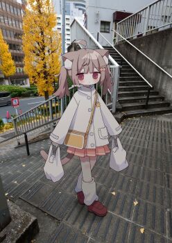 Rule 34 | 1girl, animal ear fluff, animal ears, autumn, bag, blush, brown hair, brown shoes, buttons, cat ears, cat girl, cat tail, cherry hair ornament, closed mouth, coat, commentary, food-themed hair ornament, full body, grocery bag, hair ornament, highres, holding, holding bag, long hair, long sleeves, looking at viewer, loose socks, mixed media, nakkar, outdoors, photo background, pink skirt, pleated skirt, red eyes, shoes, shopping bag, skirt, socks, solo, stairs, standing, symbol-only commentary, tail, twintails, twitter username, white coat, white socks
