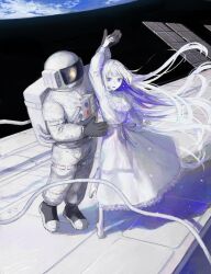 Rule 34 | 1girl, 1other, absurdres, arm up, astronaut, barefoot, blue eyes, blue hair, blue lips, bright pupils, cable, closed mouth, colored skin, commentary request, dancing, dress, earth (planet), floating, gloves, grey gloves, grey ribbon, helmet, highres, kotobuki nashiko, long hair, looking at another, multicolored hair, original, painterly, planet, ribbon, smile, space, space helmet, space shuttle, spacecraft, spacesuit, sparkle, two-tone hair, very long hair, white dress, white hair, white pupils, white skin