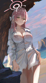 1girl absurdres ahoge beach bikini bikini_under_clothes blue_archive blush bow breasts cleavage collarbone commentary_request crossed_bangs day green_eyes hair_bow halo hanako_(blue_archive) hanako_(swimsuit)_(blue_archive) highres large_breasts long_hair long_sleeves looking_at_viewer outdoors partially_unbuttoned pink_bikini pink_hair pink_halo see-through_clothes see-through_shirt shippo_(pixiv_18567314) shirt sky smile solo standing swimsuit wet wet_clothes white_bow white_shirt