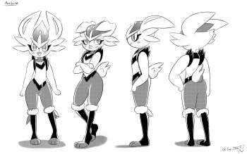 1girl animal_feet animal_hands animal_nose arm_at_side arms_at_sides artist_name averting_eyes back ben-day_dots blush body_fur character_name cinderace closed_mouth crossed_arms ears_down female_focus flat_chest from_side furry furry_female gen_8_pokemon greyscale half-closed_eyes hand_on_own_hip happy heel_up highres j.jama looking_at_viewer looking_to_the_side monochrome motion_lines multiple_views nervous nintendo notice_lines open_mouth pokemon pokemon_(creature) profile rabbit_ears rabbit_girl rabbit_tail screentones short_hair short_tail sideways_glance signature simple_background smile sweat tail tail_wagging tsundere twitter_username white_background