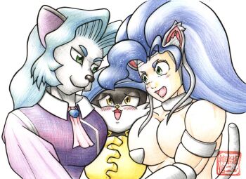 1boy 2girls animal_ears artist_request blue_hair blue_headwear breasts cabbit capcom cat_ears cat_tail dress elma erma_(tenchi_muyou!_gxp) felicia_(darkstalkers) felikichi furry gloves green_eyes group_hug hug kaze_no_klonoa klonoa multiple_girls purple_dress tail tenchi_muyou! tenchi_muyou!_gxp darkstalkers white_fur yellow_eyes yellow_gloves