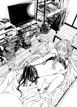 2girls absurdres bed_sheet blush book breasts camisole camisole_lift closed_eyes clothes_lift commentary_request controller cunnilingus cunnilingus_through_clothes desk electric_fan game_controller greyscale half-closed_eyes hand_on_another's_thigh highres indoors large_breasts long_hair magazine_(object) monochrome multiple_girls nanatsu_fuji nintendo_switch on_bed open_mouth oral original panties printer sheet_grab spread_legs sweat television underwear yuri