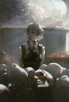 Rule 34 | 1girl, chainsaw man, dino (dinoartforame), dress, earrings, fami (chainsaw man), grey hair, head tilt, highres, jewelry, looking at viewer, pinafore dress, red eyes, ringed eyes, school uniform, shirt, skull, sleeveless, sleeveless dress, solo, upper body, white shirt