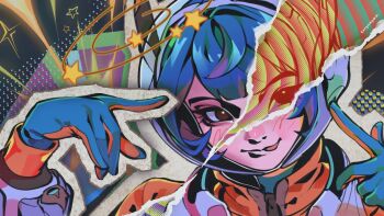 Rule 34 | 1girl, artist name, brown eyes, close-up, fishbowl helmet, gloves, hashtag-only commentary, helmet, highres, jacket, juno (overwatch), orange jacket, overwatch, pointing, pointing at self, purple hair, short hair, smile, solo, space helmet, star (symbol), tongue, tongue out, toryan nyan, two-sided gloves