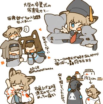 2others 4girls animal_ears arknights arm_up baby_carry black_coat black_hairband black_robe blue_eyes blush blush_stickers bottle brown_hair carrying carrying_person chibi child cloak coat commentary_request covered_eyes doctor_(arknights) dog_ears dog_girl embarrassed faceless first_aid_kit fox_ears fox_girl fox_tail graduation grey_hair hair_over_eyes hairband hat height holding holding_photo hood hooded_coat looking_at_another mask material_growth mortarboard motarasu_(trnz3572) multiple_girls multiple_others multiple_views necktie oripathy_lesion_(arknights) photo_(object) reaching red_necktie reserve_operator_medic_(arknights) rhodes_island_medic_(arknights) robe shelf short_hair simple_background sussurro_(arknights) tail too_short translation_request twitter_username v white_background white_cloak