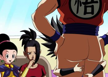Rule 34 | 1boy, 3girls, age difference, ass, ass focus, black hair, caulifla, chi-chi (dragon ball), dark-skinned female, dark skin, dragon ball, dragon ball super, earrings, fellatio, female pervert, group sex, hair ornament, hetero, highres, interracial, jewelry, kale (dragon ball), long hair, mature female, mature male, medium hair, multiple girls, nude, oral, orgy, pervert, presenting, sexually suggestive, short hair, son goku