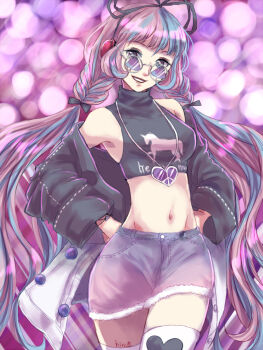 1girl bare_shoulders black_bow black_jacket black_ribbon black_shirt blue_hair bow braid buttons colored_skin commentary cowboy_shot crop_top denim denim_skirt eyelashes eyeshadow fur-trimmed_skirt fur_trim gradient_clothes gradient_jacket gradient_skirt grin hair_bow hair_ribbon hands_on_own_hips happy headphones heart heart_necklace heart_print highres hino_(8) jacket jewelry lipstick long_hair low_twin_braids low_twintails makeup midriff miracle_nikki multicolored_hair multicolored_jacket multicolored_skin navel necklace nikki_(series) open_clothes open_jacket peace_symbol pink_hair pink_skirt pocket pom_pom_(clothes) purple-tinted_eyewear purple_background purple_eyes purple_eyeshadow purple_skirt raspberry_pink_rock_(miracle_nikki) red_lips ribbon ribbon-trimmed_jacket ribbon-trimmed_skirt ribbon_trim round_eyewear shirt signature skirt sleeve_cuffs sleeveless sleeveless_shirt smile solo stage standing streaked_hair sunglasses thighhighs tinted_eyewear turtleneck turtleneck_shirt twin_braids twintails two-tone_hair two-tone_jacket two-tone_skin very_long_hair wavy_hair white_jacket white_thighhighs zipper